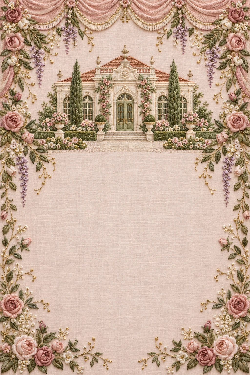 Blush floral embroidery and a garden pavilion
